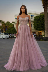 A-Line Bateau Spaghetti Sleeveless Tulle Long Prom Dresses with Pleats